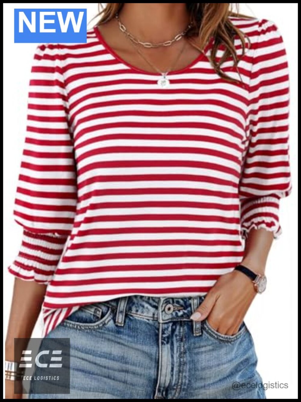 Striped 3/4 Sleeve Boat Neck T Shirt Cotton Blend Casual Top